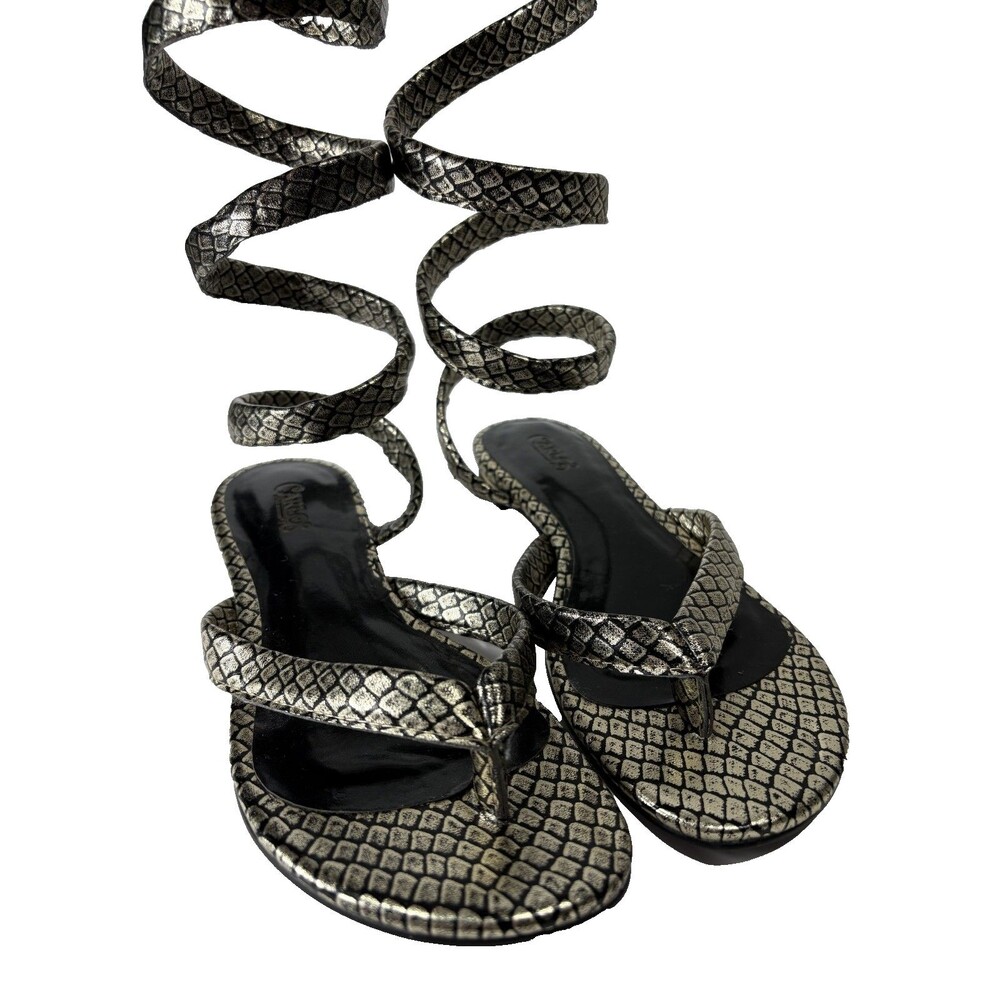 CARLOS SANTANA Women's Cleopatra Snake Spiral Ankle-wrap Black Gold Sandals Sz 8